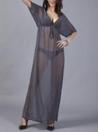 Choies Dark Gray Plunge Drawstring Waist Sheer Maxi Dress
