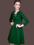 Choies Green Long Sleeve Pleated Skater Dress