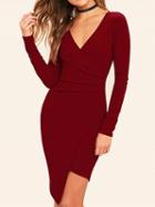 Choies Burgundy V-neck Asymmetric Hem Long Sleeve Knit Bodycon Mini Dress