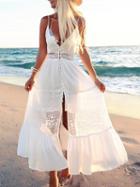 Choies White V-neck Lace Paneled Spaghetti Strap Maxi Beach Dress