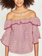 Choies Red Stripe Off Shoulder Ruffle Trim Flared Sleeve Blouse