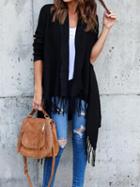 Choies Black Open Front Tassel Trim Long Sleeve Wool Cardigan