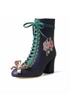 Choies Navy Embroidery Bow Embellished Contrast Lace Up Heeled Boots