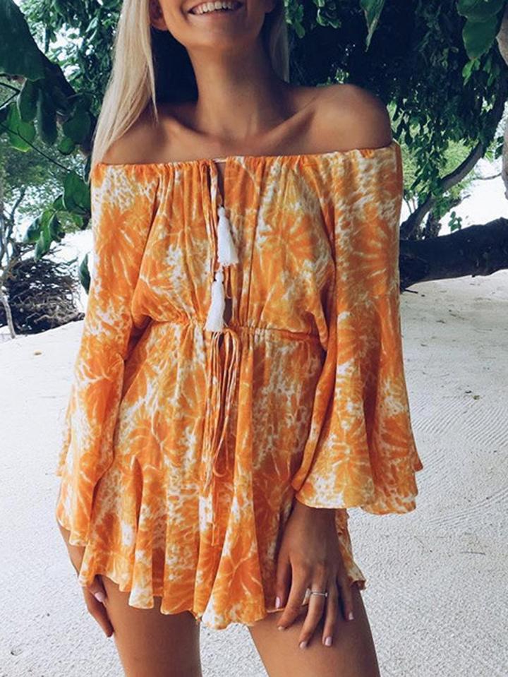 Choies Yellow Off Shoulder Leaf Print Long Sleeve Romper Playsuit