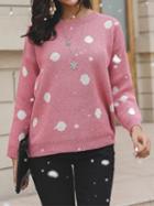 Choies Pink Crew Neck Polka Dot Print Long Sleeve Women Sweater