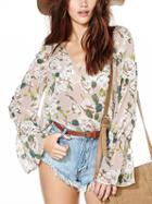 Choies Polychrome Floral V-neck Flared Sleeve Chiffon Blouse