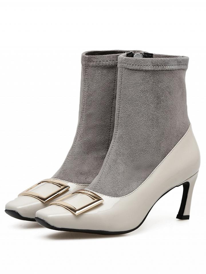 Choies Gray Leather Buckle Detail Stretch Panel Heeled Ankle Boots
