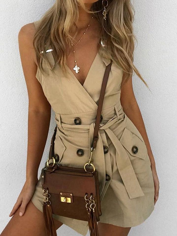 Choies Khaki Cotton V-neck Tie Waist Sleeveless Chic Women Mini Dress