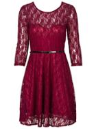 Choies Burgundy Sheer Panel Sweetheart Skater Lace Dress With Belt