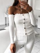 Choies White Ribbed Off Shoulder Button Placket Front Long Sleeve Sweater