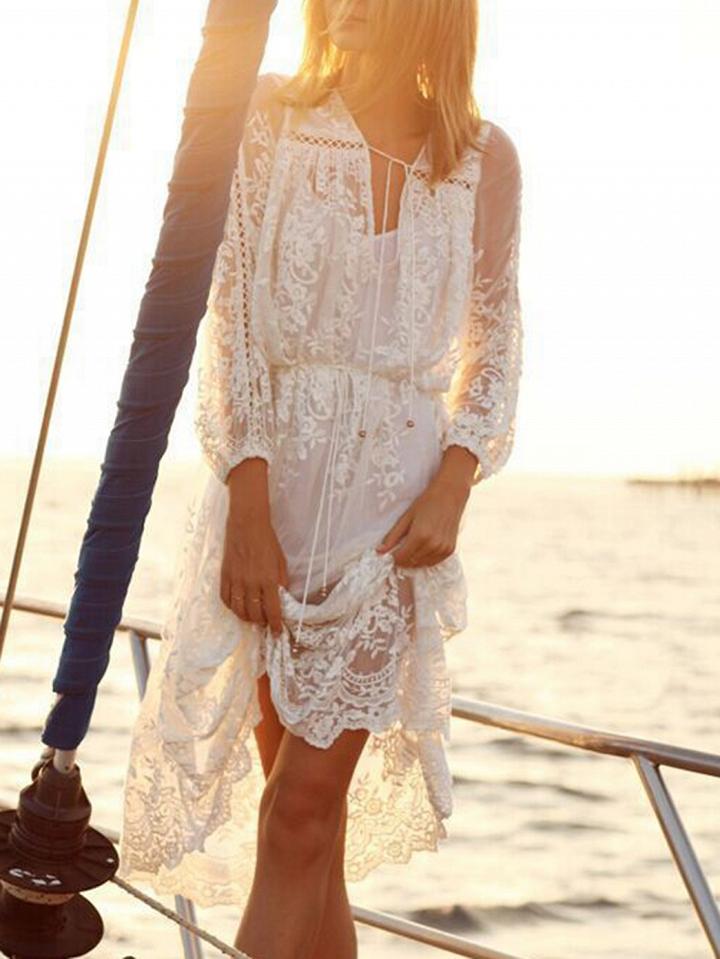 Choies White Tie Waist Long Sleeve Lace Dress And Cami Lining