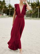 Choies Red Chiffon Plunge Tie Waist Lace Panel Chic Women Maxi Dress