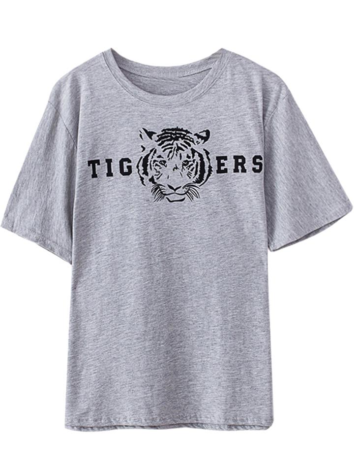 Choies Gray Tiger Head Pattern Short Sleeve T-shirt