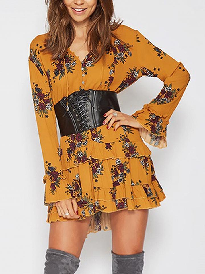 Choies Yellow V-neck Tie Front Floral Flare Sleeve Ruffle Hem Mini Dress