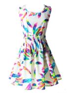 Choies White Feather Print Sleeveless Skater Mini Dress