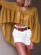Choies Yellow V Neck Dip Hem Puff Sleeve Chiffon Blouse
