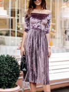 Choies Purple Velvet Off Shoulder Pleated Midi Dress