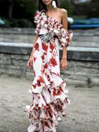 Choies Polychrome Asymmetric Neck Leaf Print Chic Women Maxi Dress