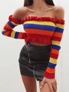 Choies Polychrome Stripe Ribbed Frill Trim Long Sleeve Women Crop Top
