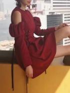 Choies Red Cold Shoulder Lace Up Detail Puff Sleeve A-line Dress