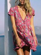 Choies Polychrome Plunge V-neck Floral Short Sleeve Mini Dress