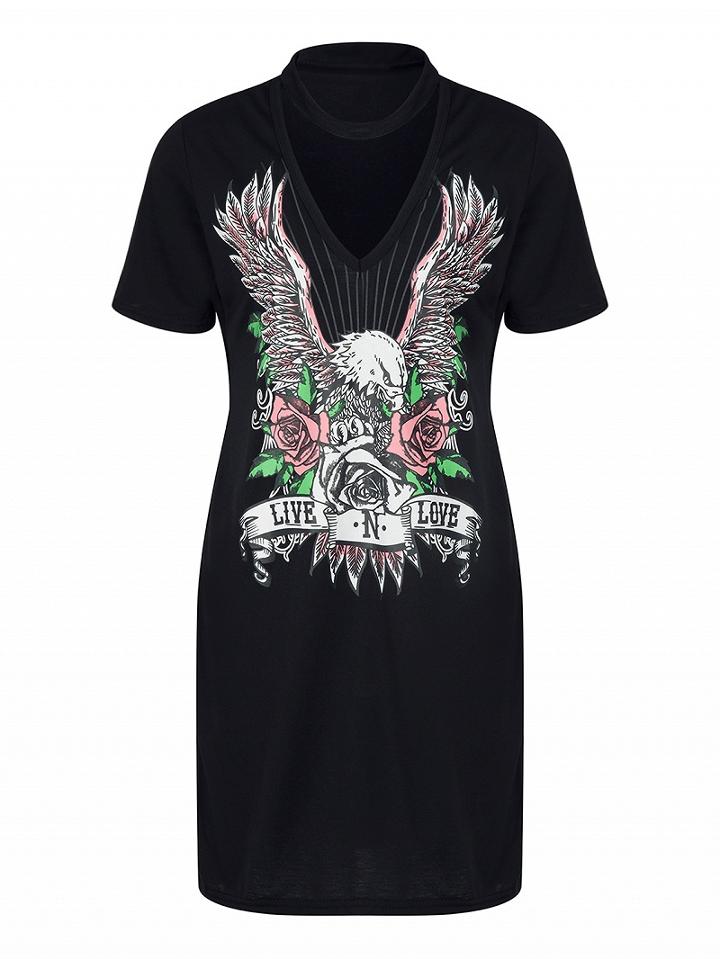 Choies Black Choker Neck Eagle Print Tee Dress