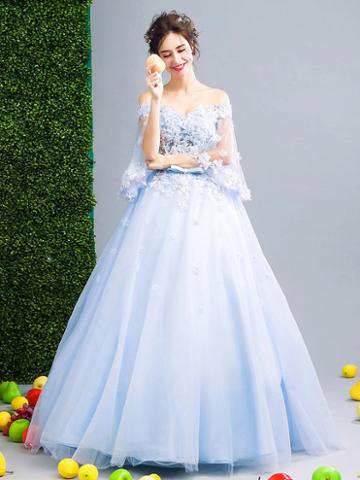 Choies Light Blue Off Shoulder Floral Applique Ball Gown Prom Dress