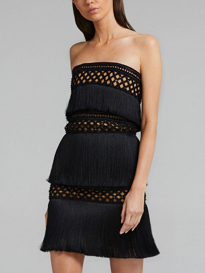 Choies Black Bandeau Tassel Trim Mesh Mini Dress