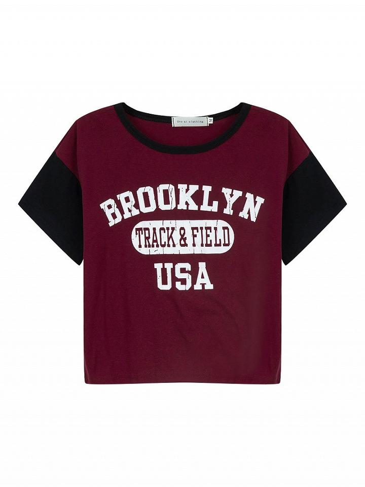 Choies Burgundy Logo Print Raglan Sleeve Crop T-shirt