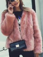 Choies Nude Pink Collarless Open Front Faux Fur Coat