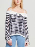 Choies Black Stripe Off Shoulder Lace Up Sleeve Knit Sweater