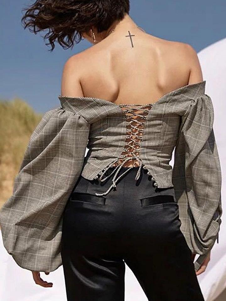 Choies Gray Plaid Off Shoulder Lace Up Back Puff Sleeve Tie Cuff Top