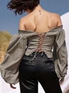Choies Gray Plaid Off Shoulder Lace Up Back Puff Sleeve Tie Cuff Top