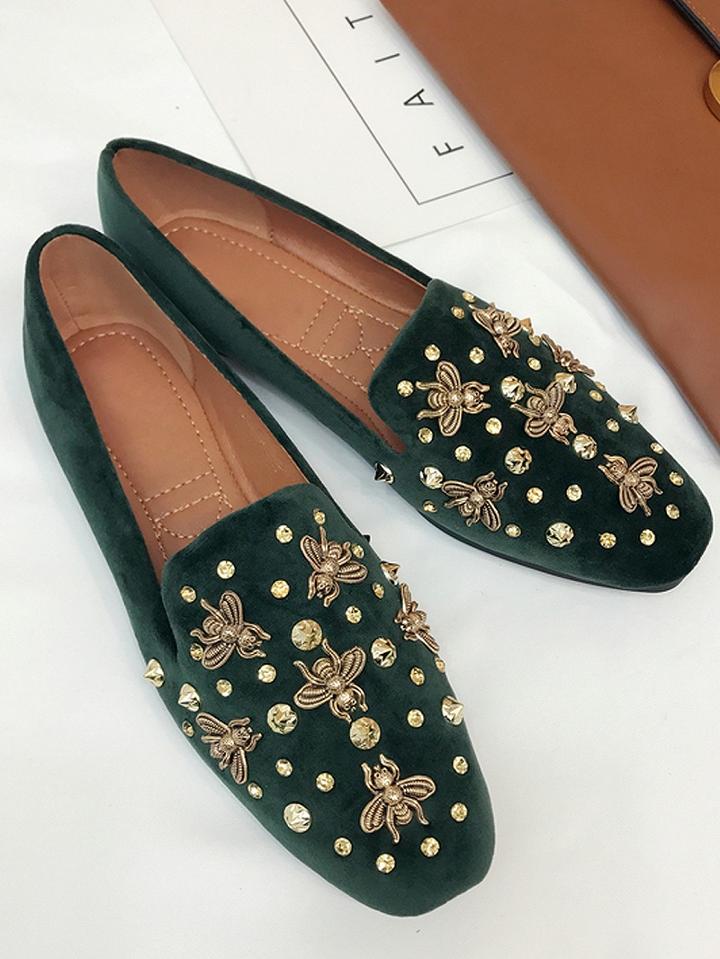 Choies Green Velvet Beaded Bee Embellished Flat Loafer