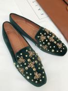 Choies Green Velvet Beaded Bee Embellished Flat Loafer