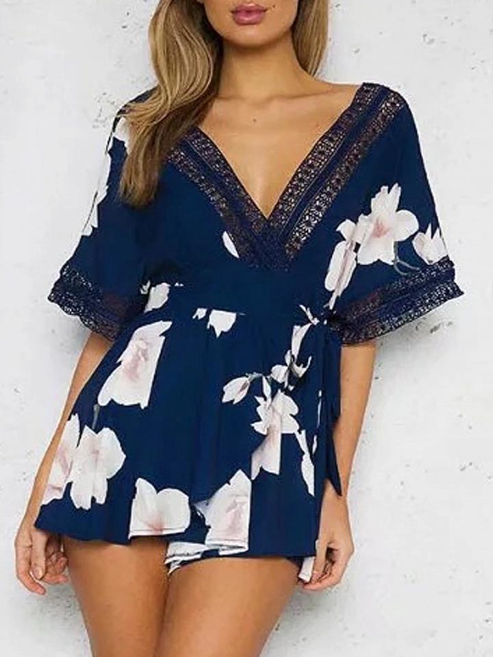 Choies Navy Blue V Neck Wrap Floral Print Lace Trim Cut Out Back Romper