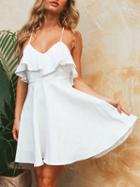 Choies White Cotton V-neck Ruffle Trim Open Back Chic Women Cami Mini Dress