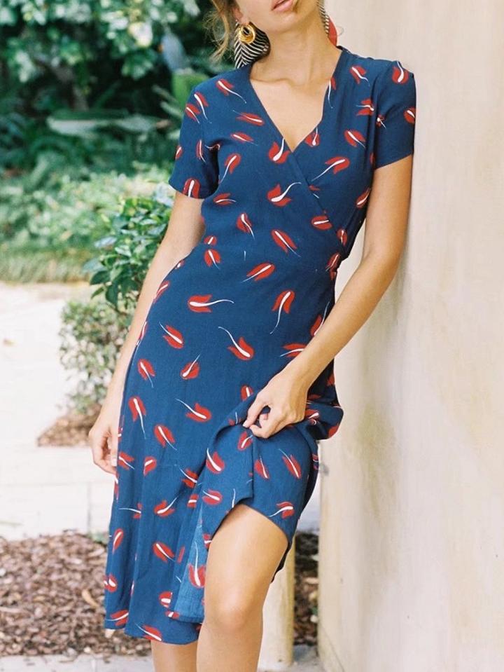 Choies Blue Chiffon V-neck Printed Detail Tie Waist Chic Women Midi Dress