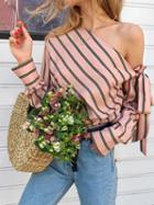 Choies Pink Stripe Asymmetric Neck Long Sleeve Chic Women Blouse