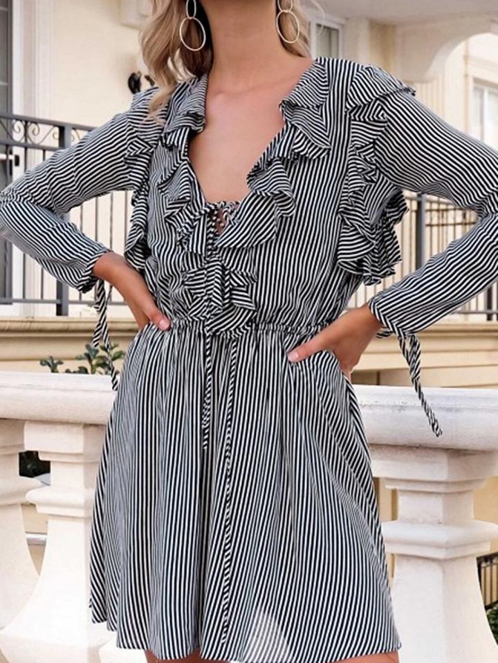 Choies Black Stripe Cotton Blend V-neck Long Sleeve Chic Women Mini Dress