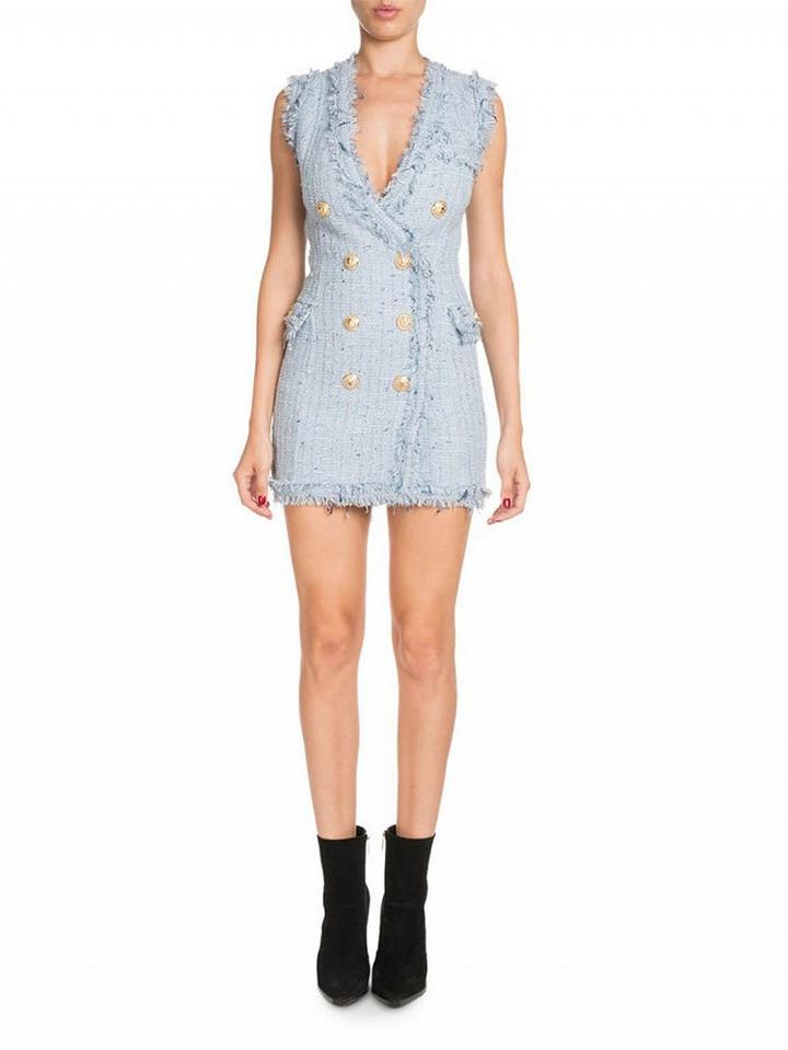 Choies Blue V-neck Double Breasted Front Sleeveless Chic Women Mini Dress