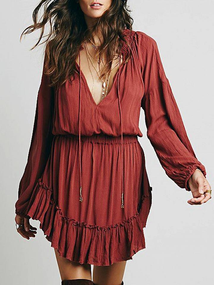 Choies Burgundy Plunge Long Sleeve Mini Dress