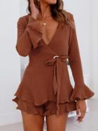 Choies Brown Plunge Flare Sleeve Chic Women Blouse And High Waist Shorts