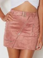 Choies Pink Faux Suede High Waist Asymmetric Zip Pencil Mini Skirt
