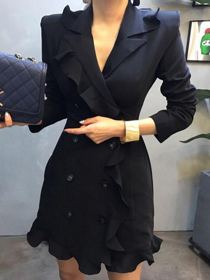 Choies Black Lapel Double-breasted Ruffle Trim Blazer Mini Dress