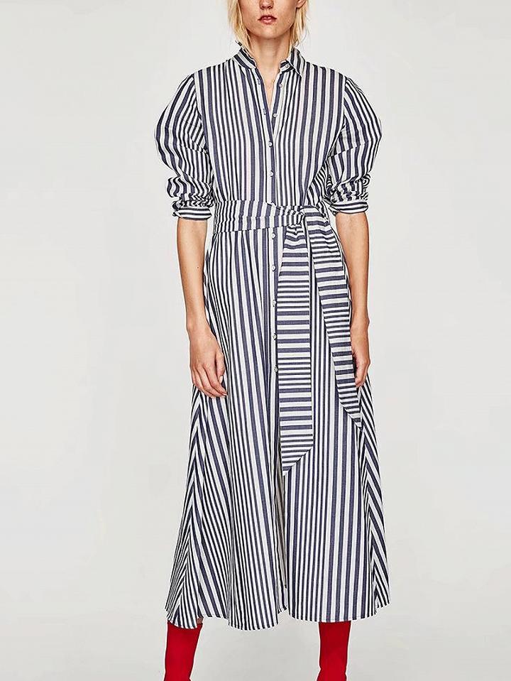 Choies Blue Stripe Tie Waist 3/4 Sleeve Shirt Dress