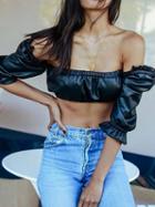 Choies Black Leather Look Puff Sleeve Chic Women Crop Blouse