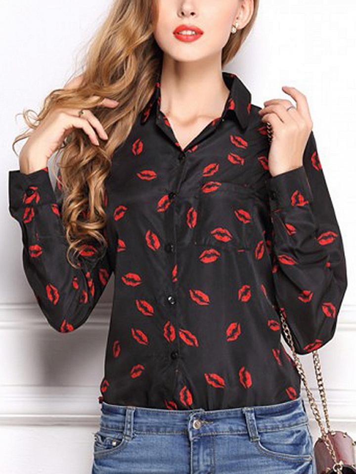 Choies Black Lip Print Long Sleeve Shirt