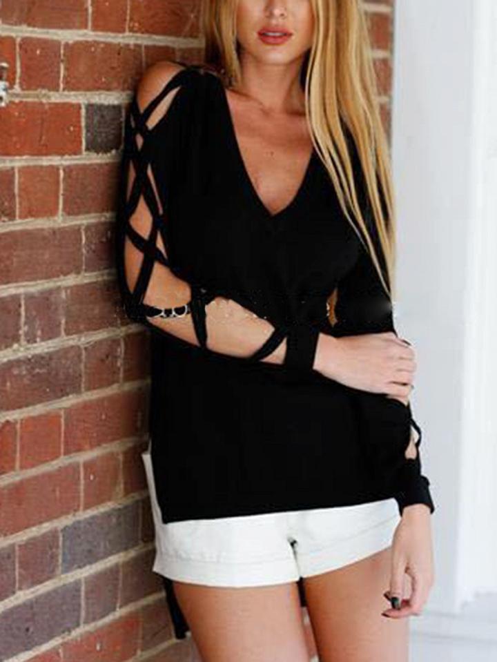 Choies Black V-neck Lace Up Side Dipped Hem Long Sleeve Blouse