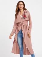 Choies Pink Embroidery Tie Waist Longline Trench Coat